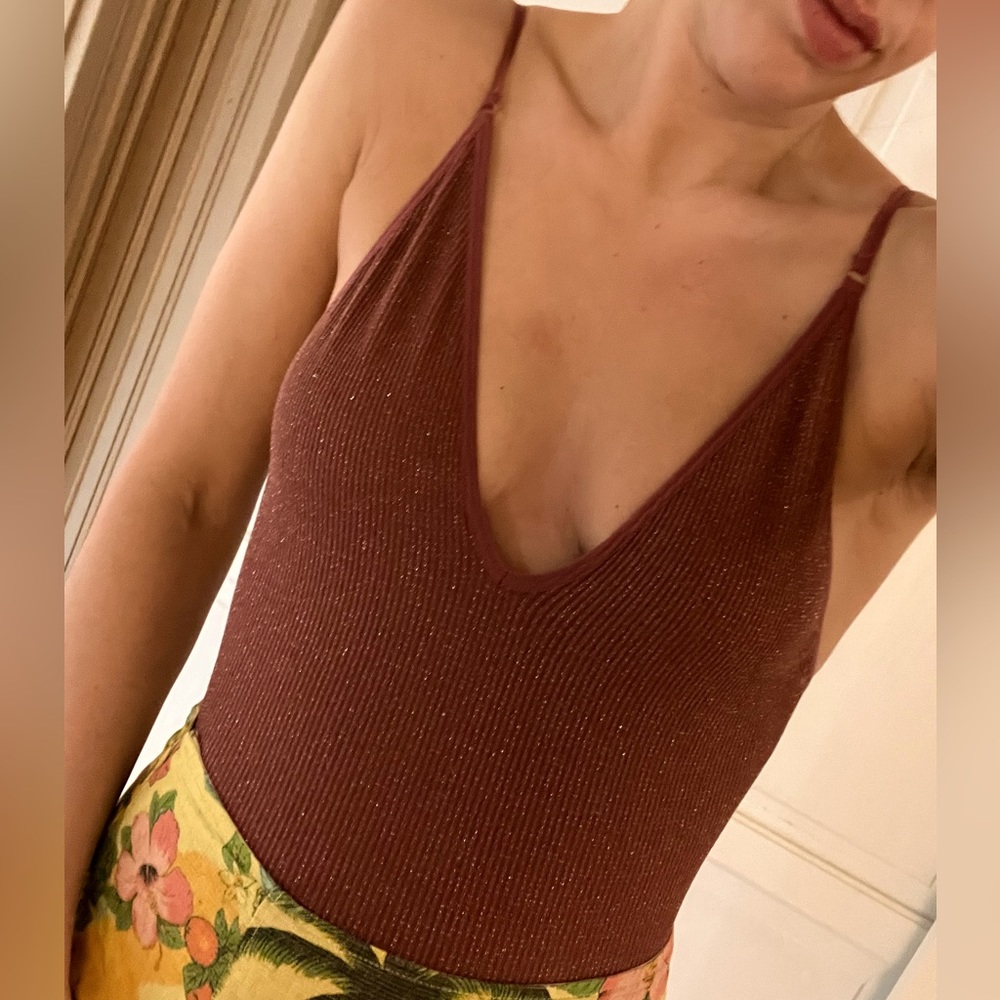 Out From Under UO Maroon Sparkly Deep V Bodysuit